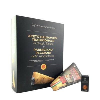 Schachtel Parmigiano Reggiano Vacche Rosse 24 Monate und Balsamico-Essig Reggio Emilia Qualitätshum